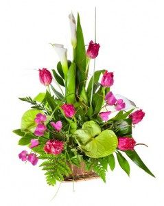 flower arrangement featuring lilies, tulips and anthuriums